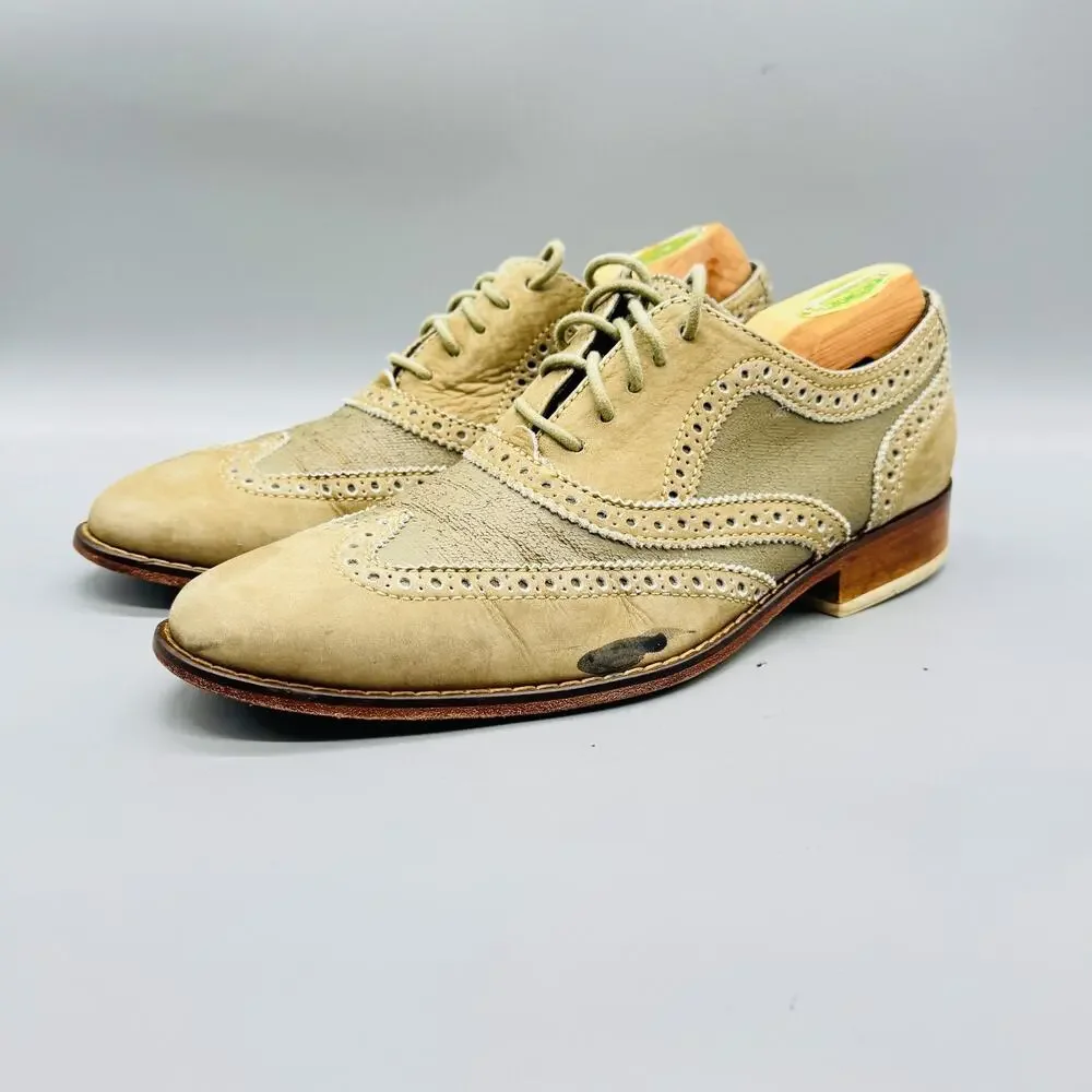 Cole Haan Shoes Mens 9 Beige Green Suede Wingtip Oxford Dress Brogue Rubber Sole